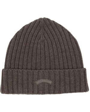 Paul & Shark Ribbed-Knit Logo-Patch Beanie Hat - Brown