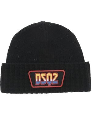 DSquared² Logo-Patch Ribbed Beanie Hat - Black