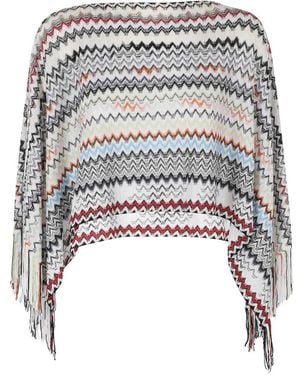 Missoni Poncho Con Ribete De Flecos - Blanco