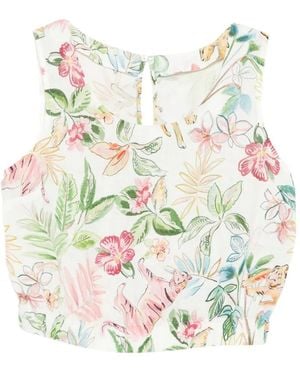 120% Lino Floral-Print Linen Top - White