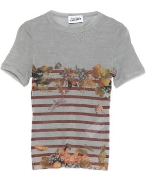 Jean Paul Gaultier Short-Sleeve Fitted Top With Floral Motif And Stripes - Grey