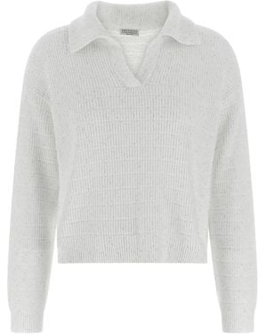 Brunello Cucinelli Diamond-Knit Polo Top - White