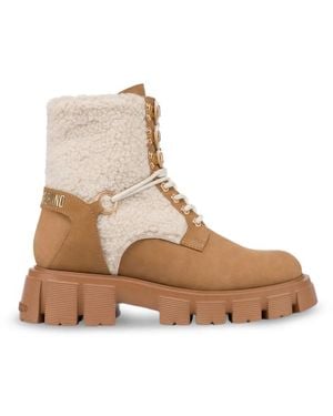 Love Moschino Shearling-Trim Lace-Up Boots - Natural
