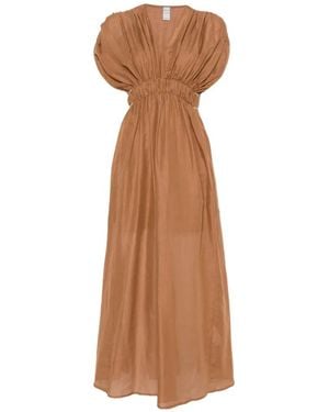 120% Lino Gathered V-Neck Maxi Dress - Natural