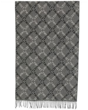 Twinset Logo-Print Fringed Scarf - Grey