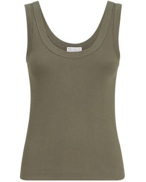 Brunello Cucinelli Stretch Cotton Ribbed Jersey Top With Monili - Green