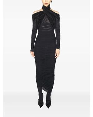 Mugler Cross-Neckline Draped Midi Dress - Black