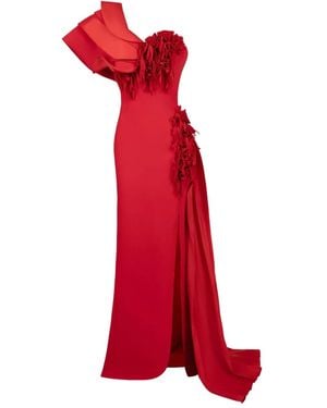 Gaby Charbachy Ruffle-Detail Side-Split Evening Gown - Red