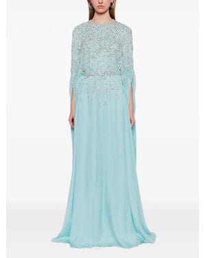 Dina Melwani Crystal-Embellished Cape-Sleeve Maxi Dress - Blue