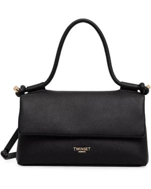 Twinset Logo-Plaque Pebbled-Effect Shoulder Bag - Black