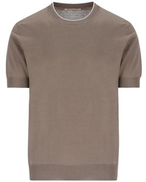 Brunello Cucinelli Cotton Lightweight Knit T-Shirt With Contrast Details - Grey
