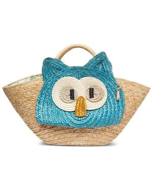 La Milanesa Owl-Face Straw Shoulder Bag - Blue