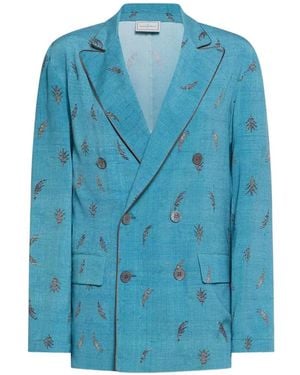 Pierre Louis Mascia Leaf-Motif Double-Breasted Blazer - Blue
