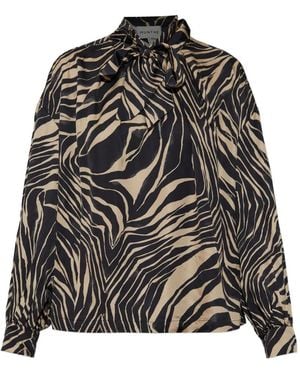 Munthe Zebra-Print Tie-Neck Blouse - Black
