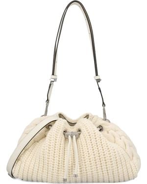 Jimmy Choo Cable-Knit Drawstring Shoulder Bag - Neutre