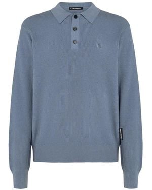 KARL LAGERFELD Ribbed-Knit Polo Shirt - Blue