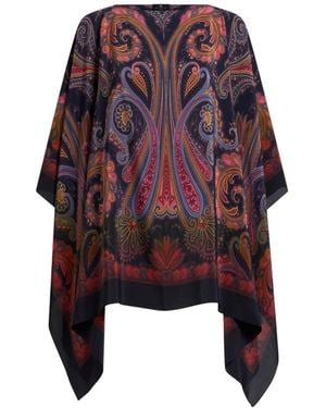 Etro Silk Poncho Top With Paisley Degradé Motif - Red