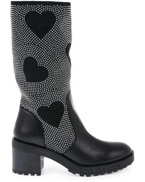 Moschino Studded Heart-Pattern Boots - Black