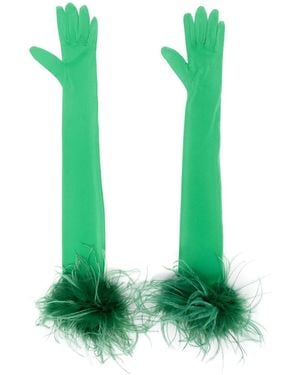 Styland Feather-Trim Long-Length Gloves - Green