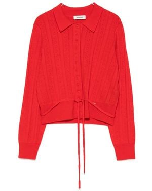 Sandro Lotus Pointelle-Knit Tie-Waist Cardigan - Red