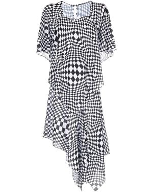 Pushbutton Geometric-Print Asymmetric Dress - White
