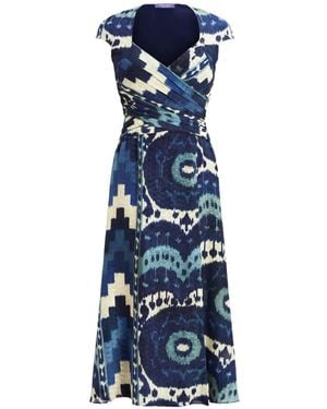 Ralph Lauren Cap-Sleeve Pattern Midi Dress - Blue