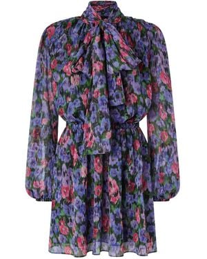 Pinko Floral-Print Tie-Neck Mini Dress - Blue