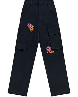 Area Embroidered-Flower Cargo Trousers - Blue