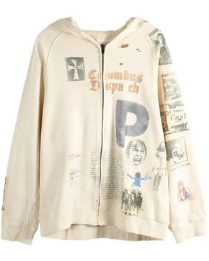 SAITOS Long Live Rock Graphic-Print Distressed Zip-Up Hoodie - Natural