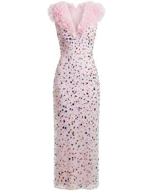 Gemy Maalouf Beaded Ruffled Midi Dress - Pink