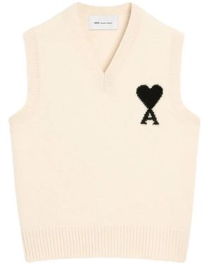 Ami Paris Sleeveless Wool Sweater With Ami De Coeur - Natural