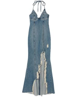 Blumarine Halter-Neck Frayed-Hem Denim Dress - Blue
