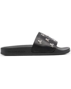 Philipp Plein Crystal Skull Leather Slides - Black