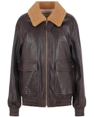 Valentino Garavani Shearling-Collar Leather Bomber Jacket - Gray