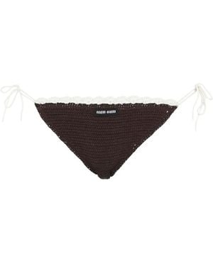 Miu Miu Crochet-Knit Embroidered-Logo Bikini Bottoms - Black