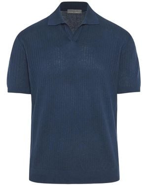 Corneliani Ribbed-Knit Short-Sleeve Polo Shirt - Blue