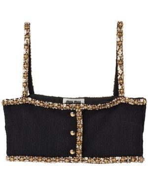 Miu Miu Sequin-Embellished Tweed Cropped Top - Black