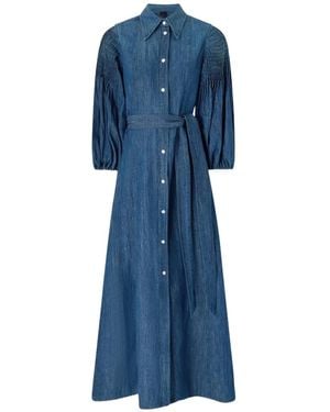 Pinko Shirred Belted Denim Dress - Blue