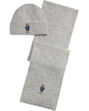 Polo Ralph Lauren Embroidered Scarf And Beanie Set - Grey