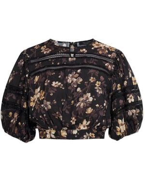 AllSaints Peony Floral-Print Lace-Trim Top - Black