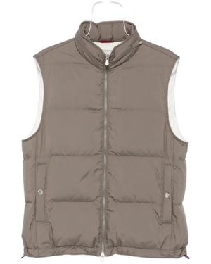 Brunello Cucinelli Gilet Léger En Tissu Technique Et Duvet À Capuche Pliable - Gris