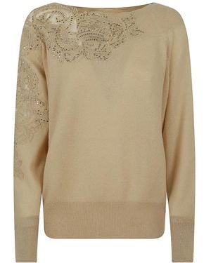 Ermanno Scervino Lace-Embellished Crystal-Detail Sweater - Natural