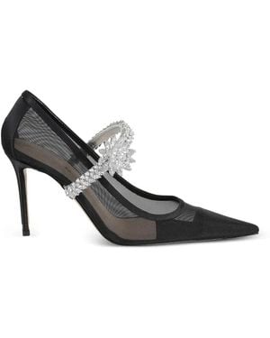 Mach & Mach Lotus-Flower-Jewelled Mesh Court Shoes - Black