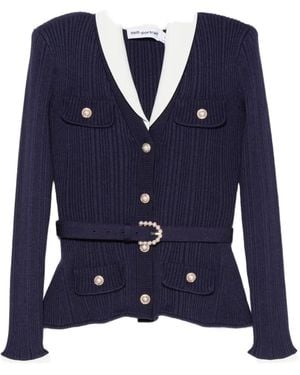 Self-Portrait Belted Ribbed-Knit Cardigan - Blue
