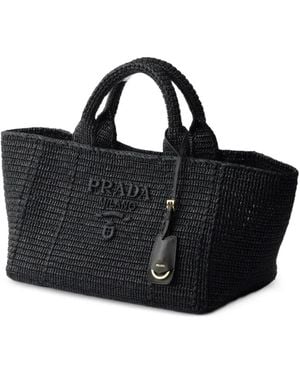 Prada Large Crochet Tote Bag With Leather Details - Black