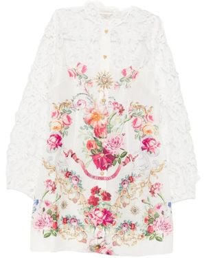 CAMILLA Lace-Sleeves Floral-Print Mini Dress - White
