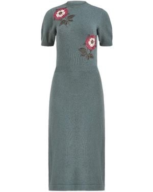Markarian Iris Floral-Beaded Cashmere Midi Dress - Blue