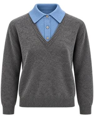 Juun.J Layered-Effect V-Neck Polo Jumper - Blue