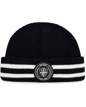 ARMANI EXCHANGE Logo-Patch Striped-Pattern Beanie Hat - Black
