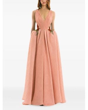 Gemy Maalouf Embroidered Plunging V-Neck Gown - Pink